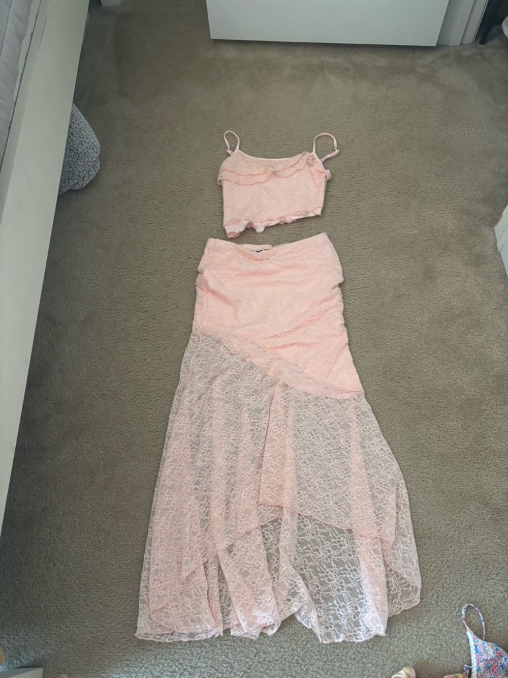 SHEIN Pink Two-Piece Lace Crop Top and Maxi Skirt Set